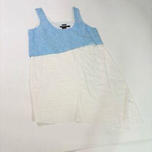Island Company Dress Womens Large Blue White Linen Asymmetrical Sleeveless Mini